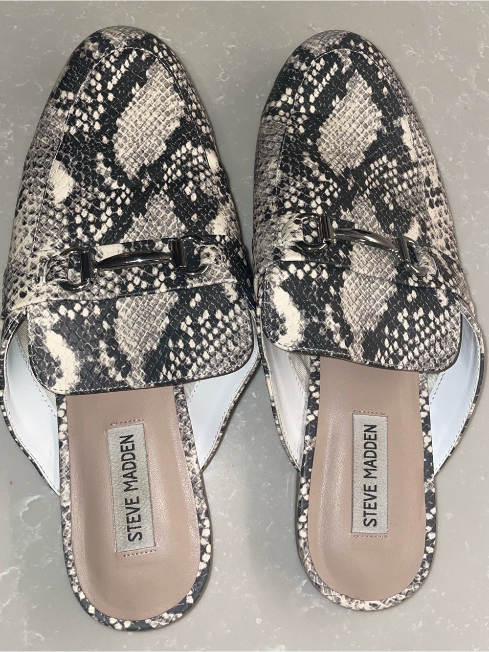 Steve Madden Snake-Print Slip-On Mules in Black & White